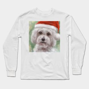 Painting of a Cute Poodle Maltese Mix with Red Santa Hat Long Sleeve T-Shirt